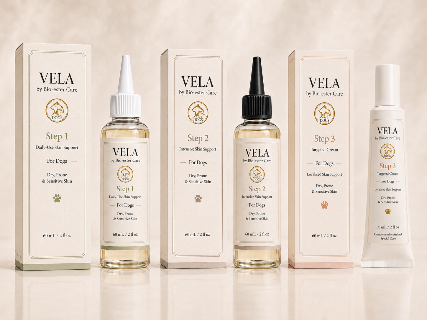 VELA by BIO-ESTER Care — Step 1, Step 2, and Step 3 Barrier sustainer system for Dogs for dogs